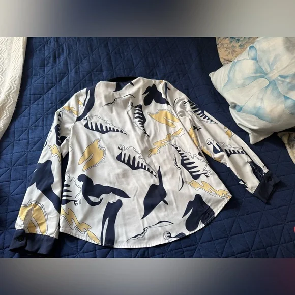 SHEIN Women's Abstract Print Button Down Shirt - Navy and Yellow - Picture 6 of 6